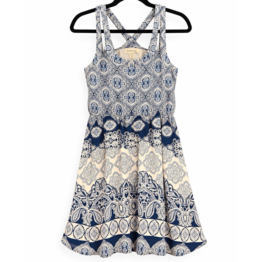 Monteau Blue/White Paisley Sleeveless V-Neck A-Line Knee Dress Size M